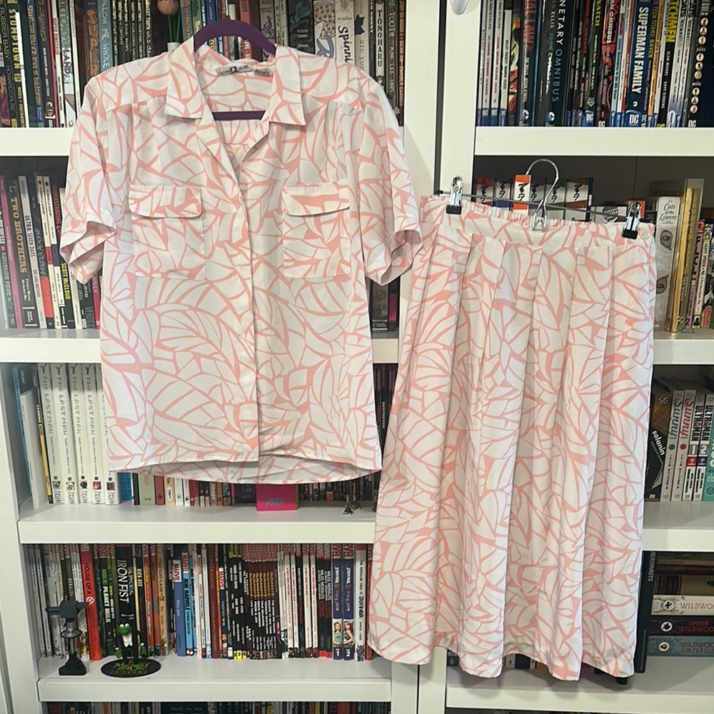 Leaf Print Blouse and Skirt Set